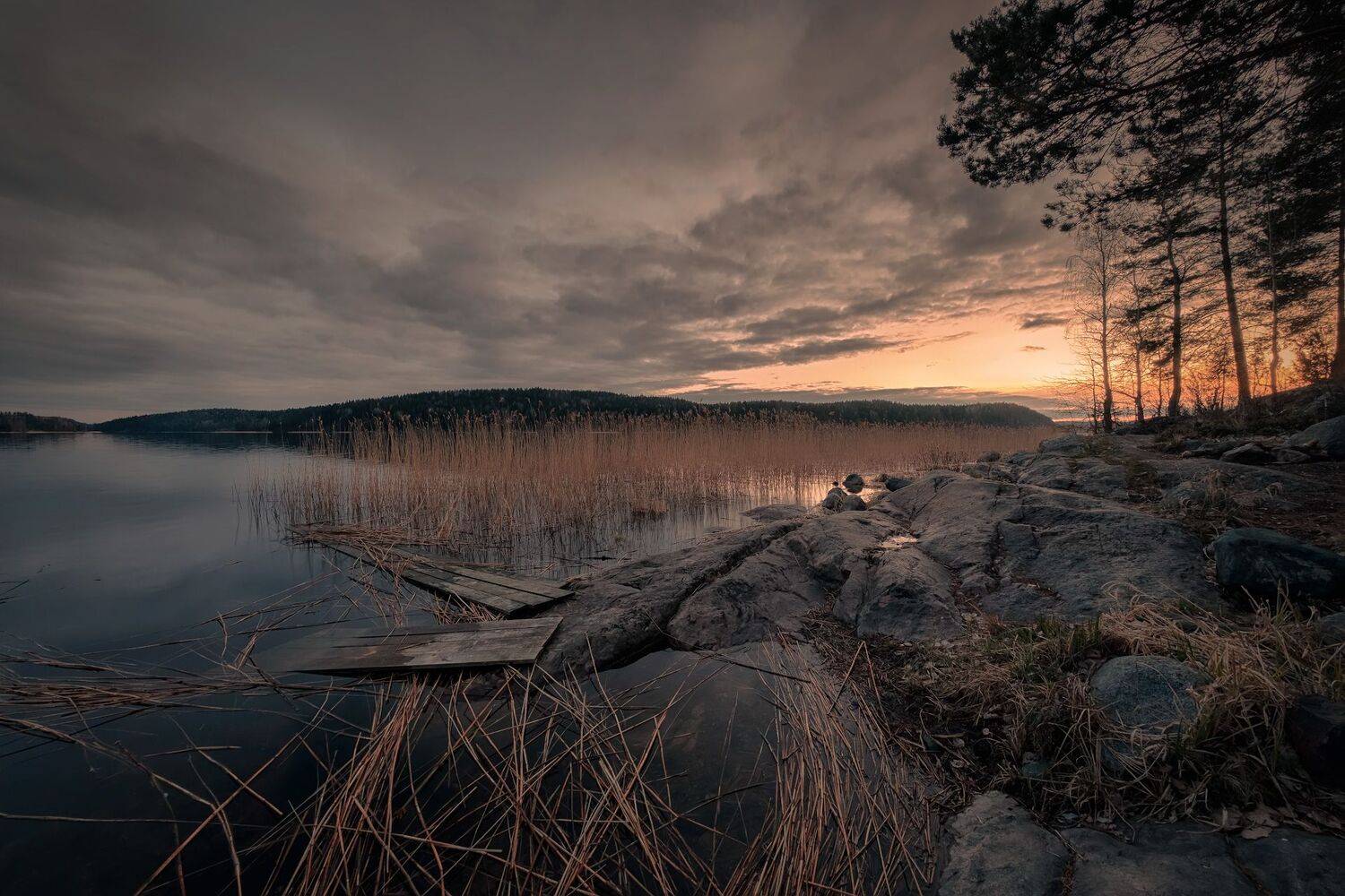 карелия, ладога, залив, закат, мостки, скалы, камни, деревья, облака, пейзаж, природа, Андрей Чиж