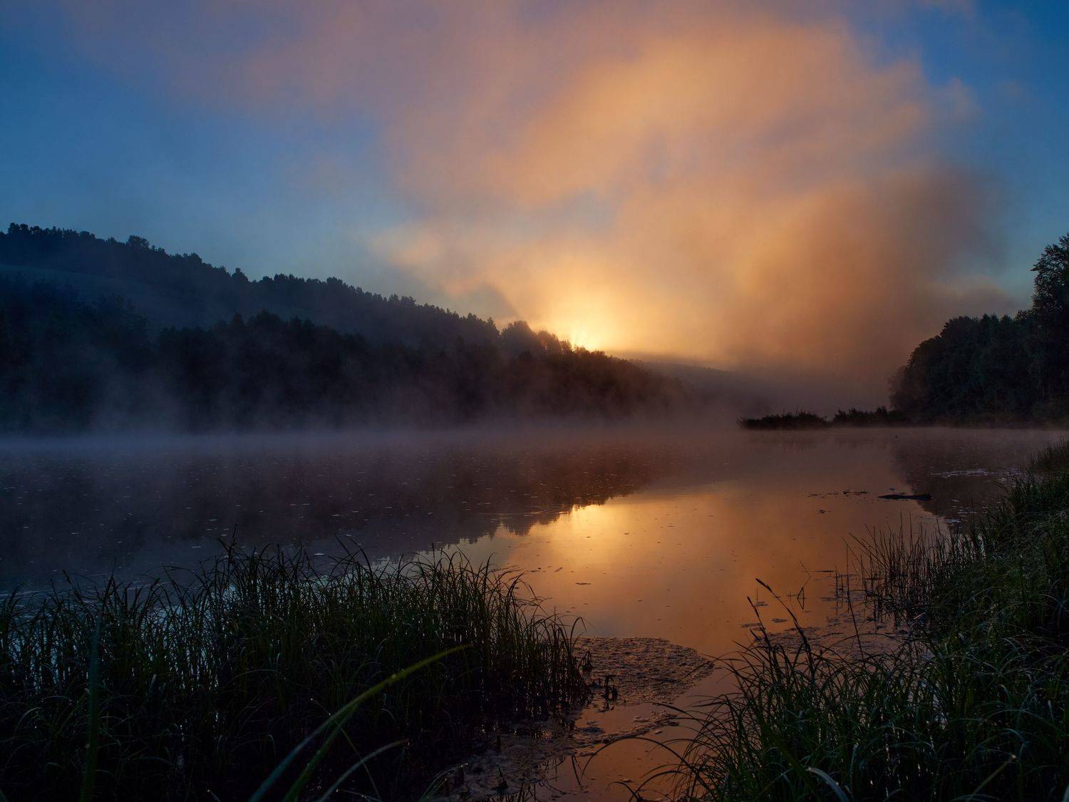 восход, лето, река, деревья, облака, солце, пейзаж, природа, Георгий Муравьёв