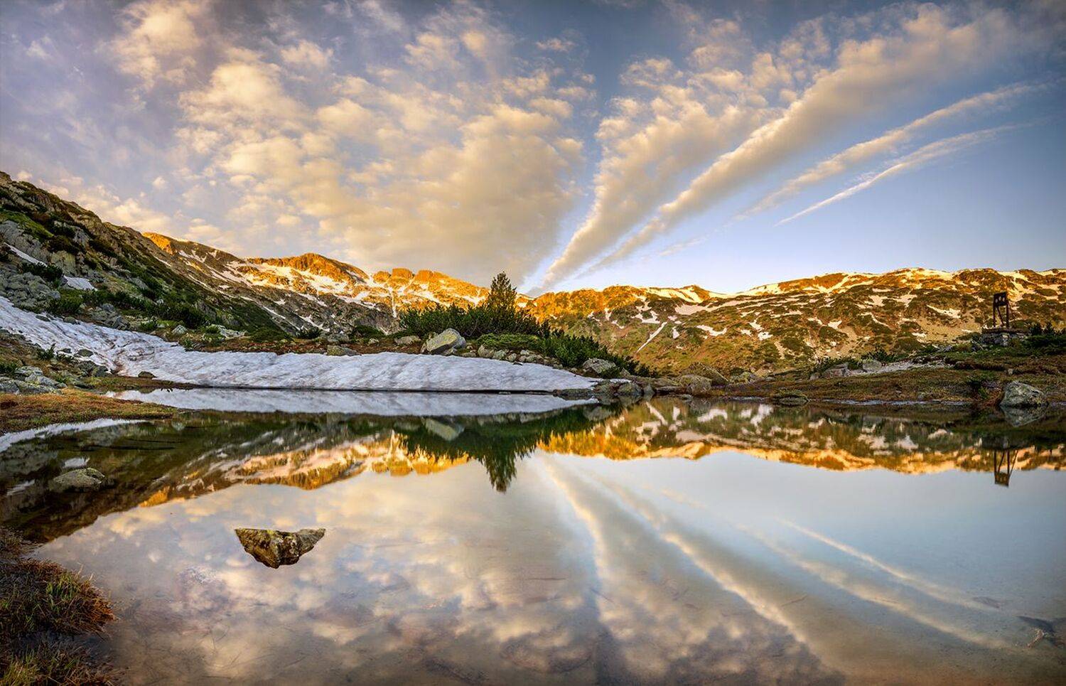 landscape, nature, scenery, summer, peak, lake, reflection, sunrise, morning, dawn, snow, mountain, bulgaria, весна, горы, Александър Александров