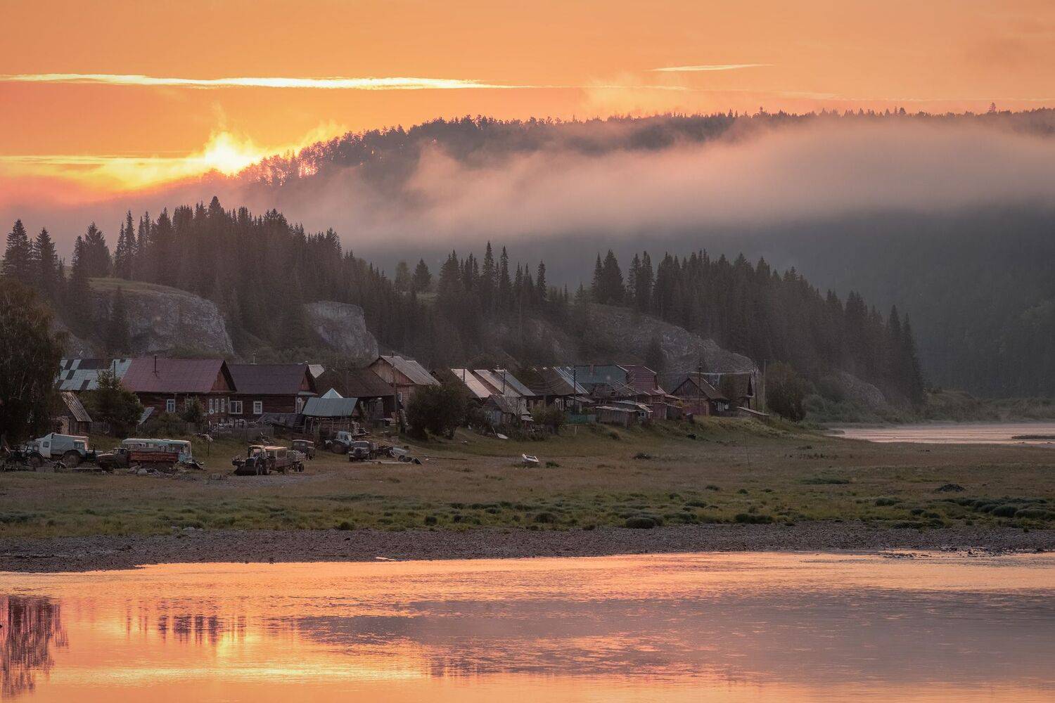 село, рассвет, туман, река, лес, чусовая, кын, урал, пермь, Андрей Чиж