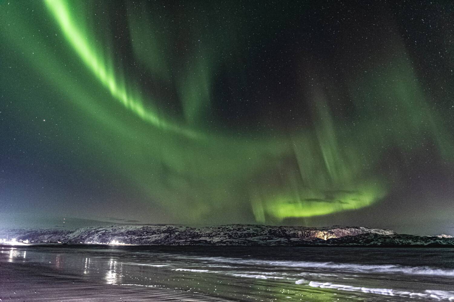 Ночь, Северное сияние, волна, Баренцево море, Sergey Kaverin