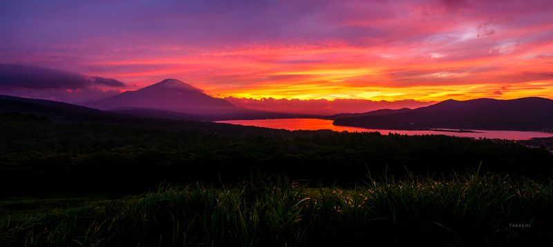 Fuji Japan mountain sunset clouds lake red amazing beautiful Spectacular sunset фото превью