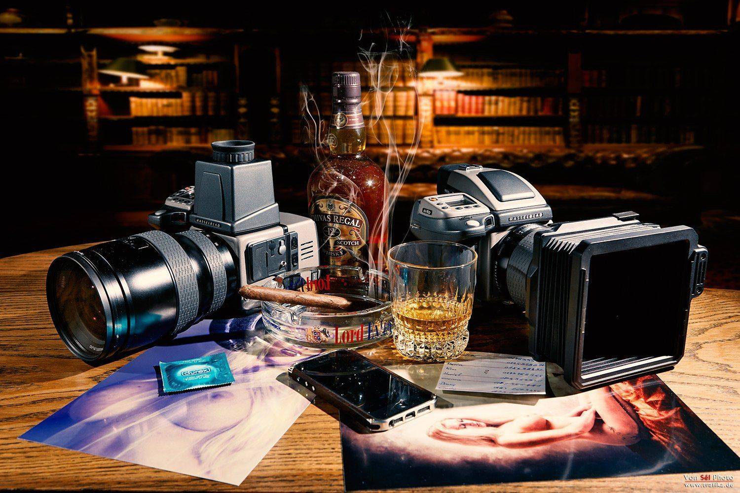 cameras, phone, bottle, glass, lenses, paper, photos, condom, Von Sel