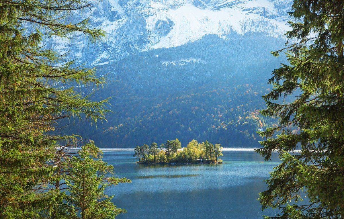 Горы, Лес, Озеро, Остров, Пейзаж, Природа, Снег, Хвоя, Александр Удовиченко