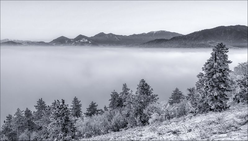 Black and white, Clouds, Fog, Landscape, Mountain, Nature  фото превью