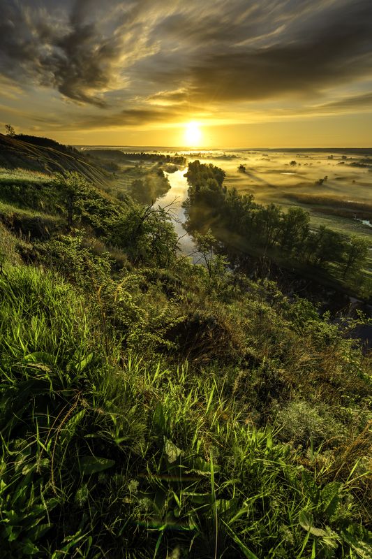 sunrise, landscape, sun, fog Рассвет над Северским Донцом фото превью