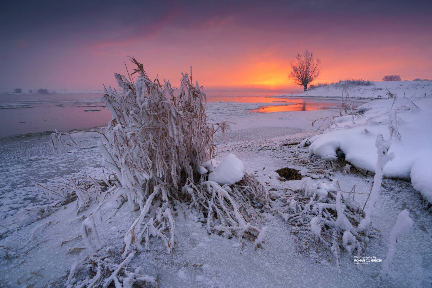 winter, landscape, river, snow, tree, ice, snow, sunrise, Poland, Kociewie, Roman Hudzik