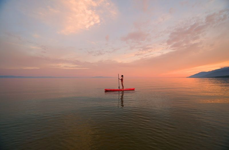 evening, lake, water, girl, reflection, sky Summer evening фото превью