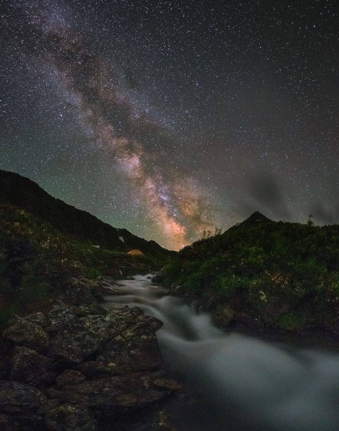 западный кавказ, хребет аркасара, млечный путь, горный ручей,июль, Николай Мысливцев