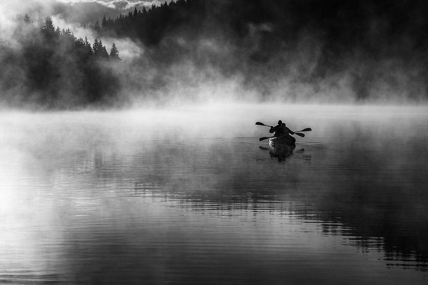 landscape nature scenery summer sunrise morning dawn lake b&w reflection fog foggy mist misty boat sun clouds mountain trees пейзаж рассвет горы озеро, Александър Александров
