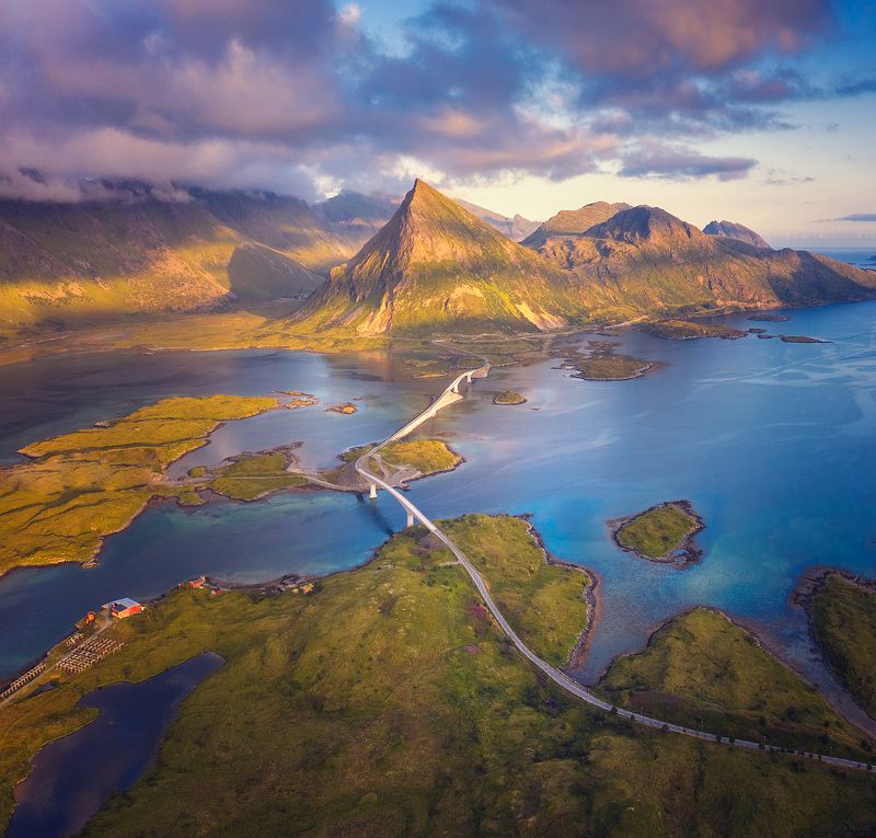 lofoten, лофотены, норвегия, фьорд, панорама, лето, закат, свет Мостики фото превью
