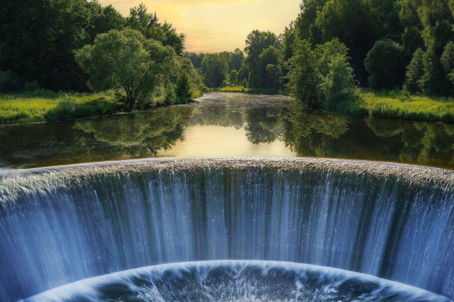 пейзаж, вода, водопад, вечер, закат, лето, река, ландшафт, солнце, ЯR Ольга