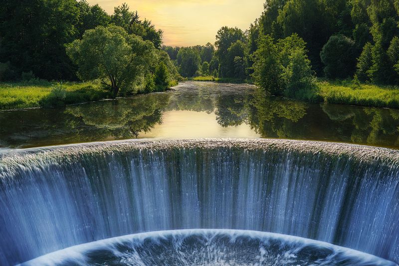 пейзаж, вода, водопад, вечер, закат, лето, река, ландшафт, солнце Прохлада воды фото превью