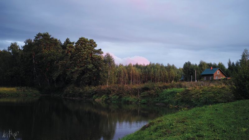 закат, вечер, деревня, пруд, лес, опушка, небо, тихий Тихий вечер фото превью