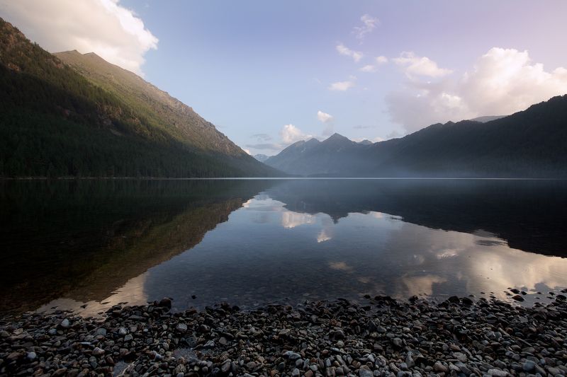 пейзаж, природа, горы, алтай, озеро, туман, закат Мультинское озеро фото превью