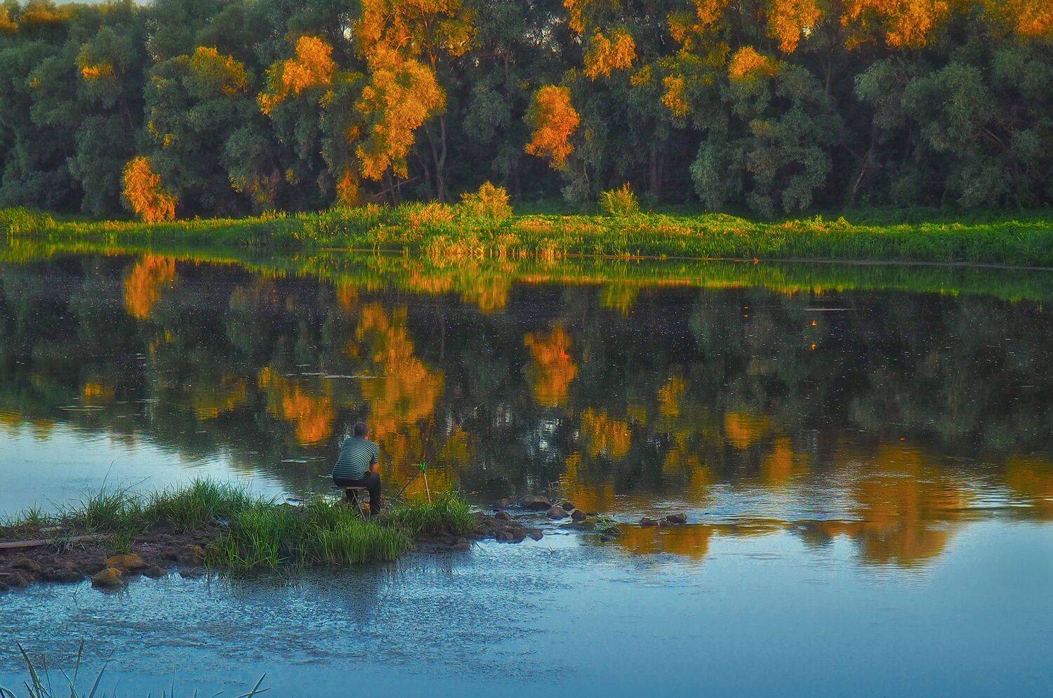 рыбак,закат,акварель,дон,вода,отражения,человек,пейзаж,река,вечер, Владимир Володин