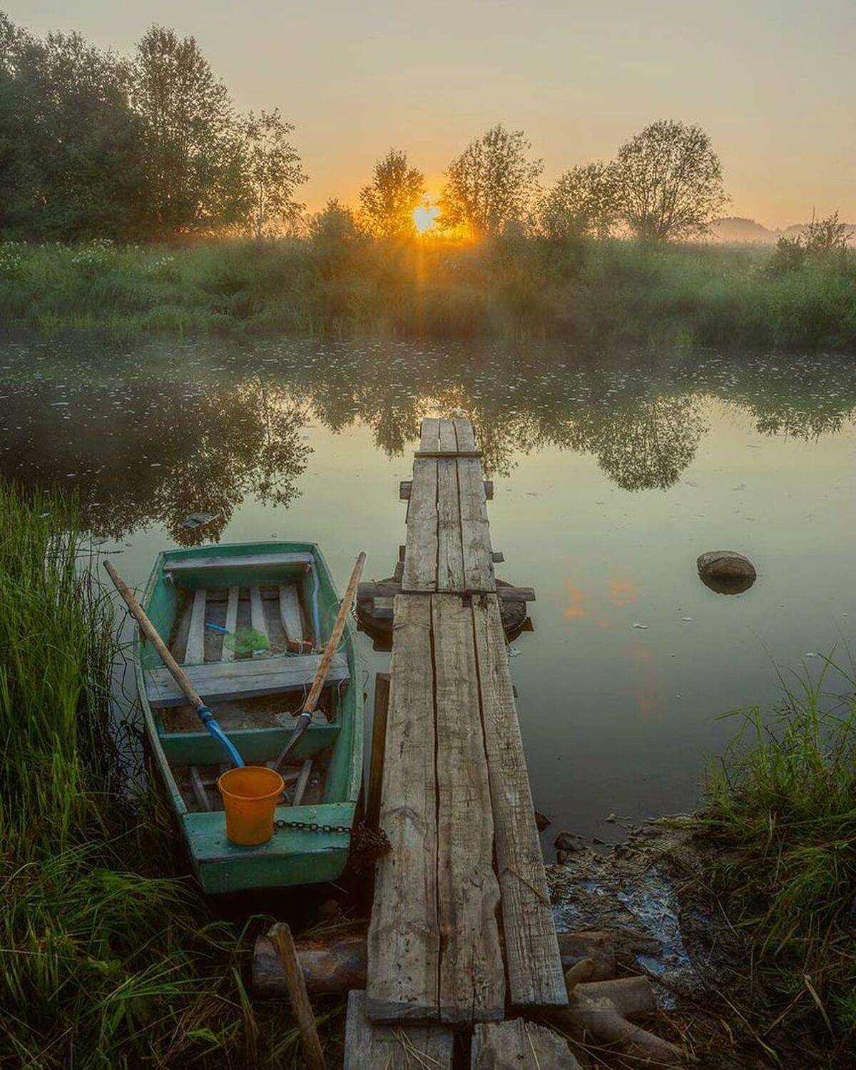 деревня, рассвет, лодка, река, Петр Косых