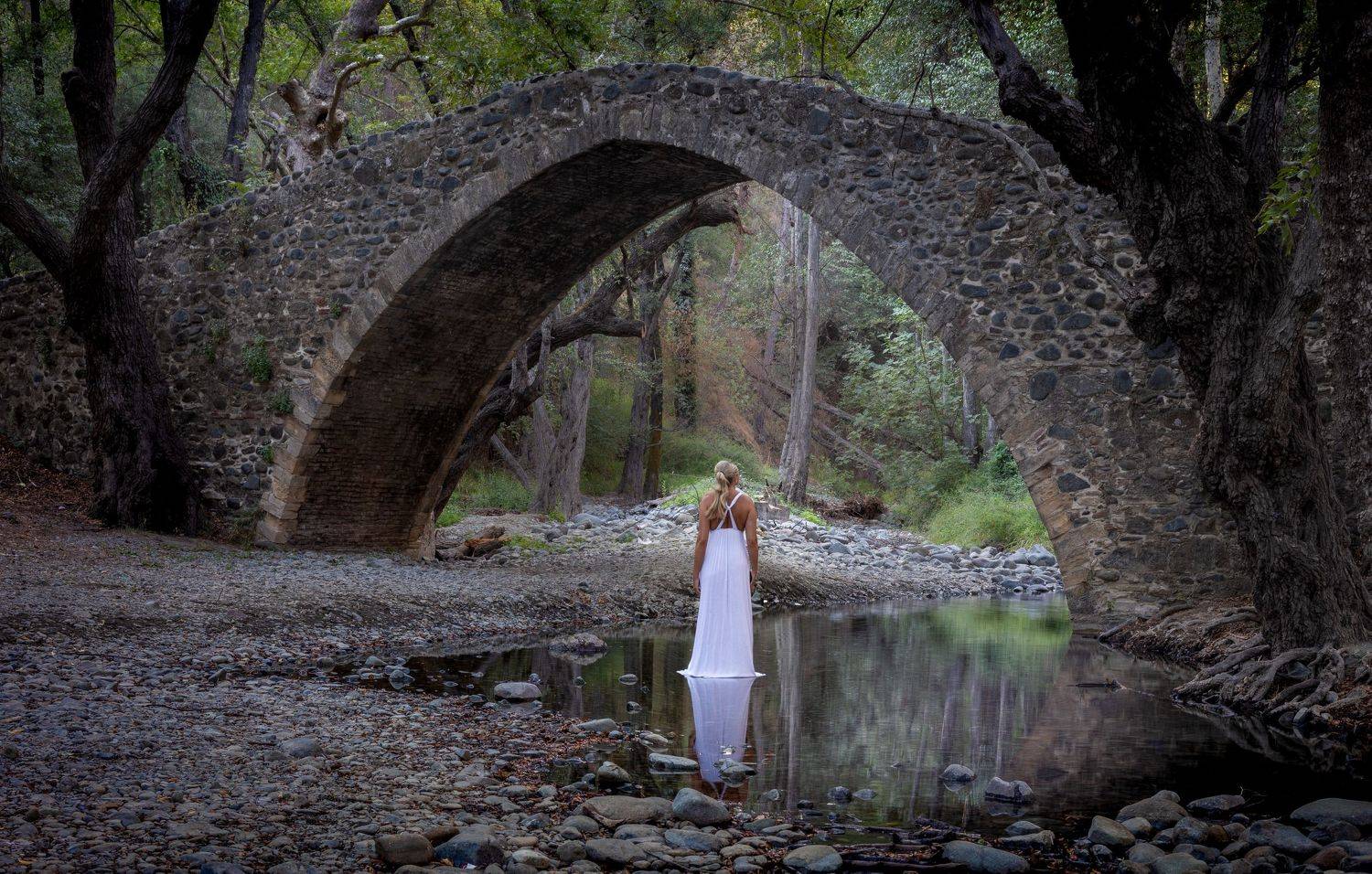 forest, mystery, lady, lake, river, mountain, bridge, arch bridge, cyprus, Roman Bevzenko