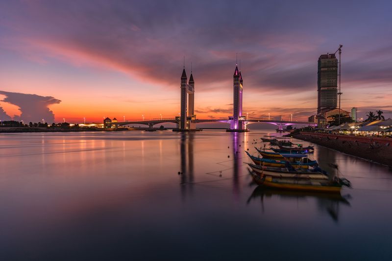 sky, water, malaysia, boat, drawbridge Sunrise Kuala Terengganu City Centre (KTCC Drawbridge) фото превью