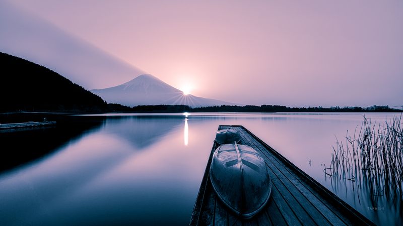 Fuji,Japan,mountain,lake,water,reflection,boat Sunrise that feels hope and tomorrow фото превью