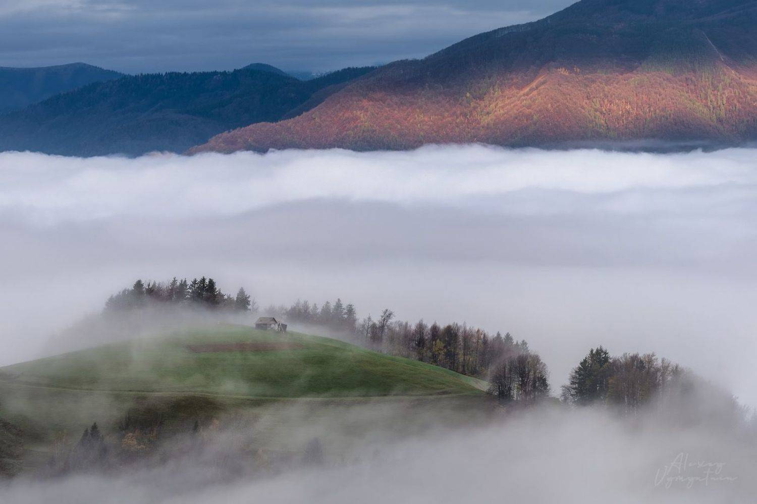 slovenia, fog, sun, clouds, morning, Алексей Вымятнин