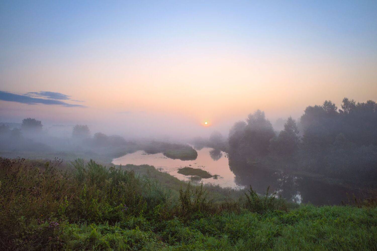 утро,туман,река,небо,солнце,отражение,берег, Виталий Полуэктов