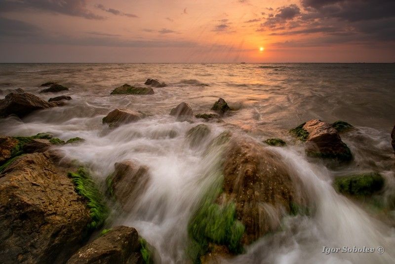 закат, пейзаж, море, волны Теплый вечер фото превью