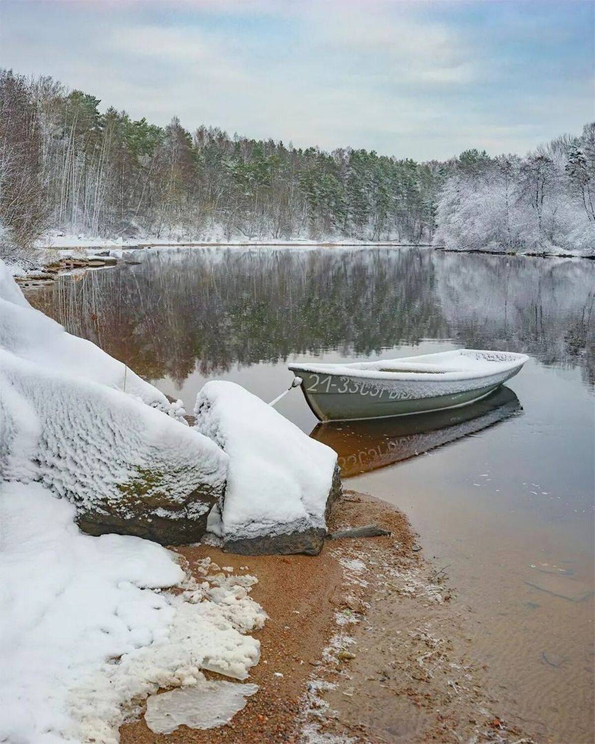 деревня, лодка, река, зима, Петр Косых
