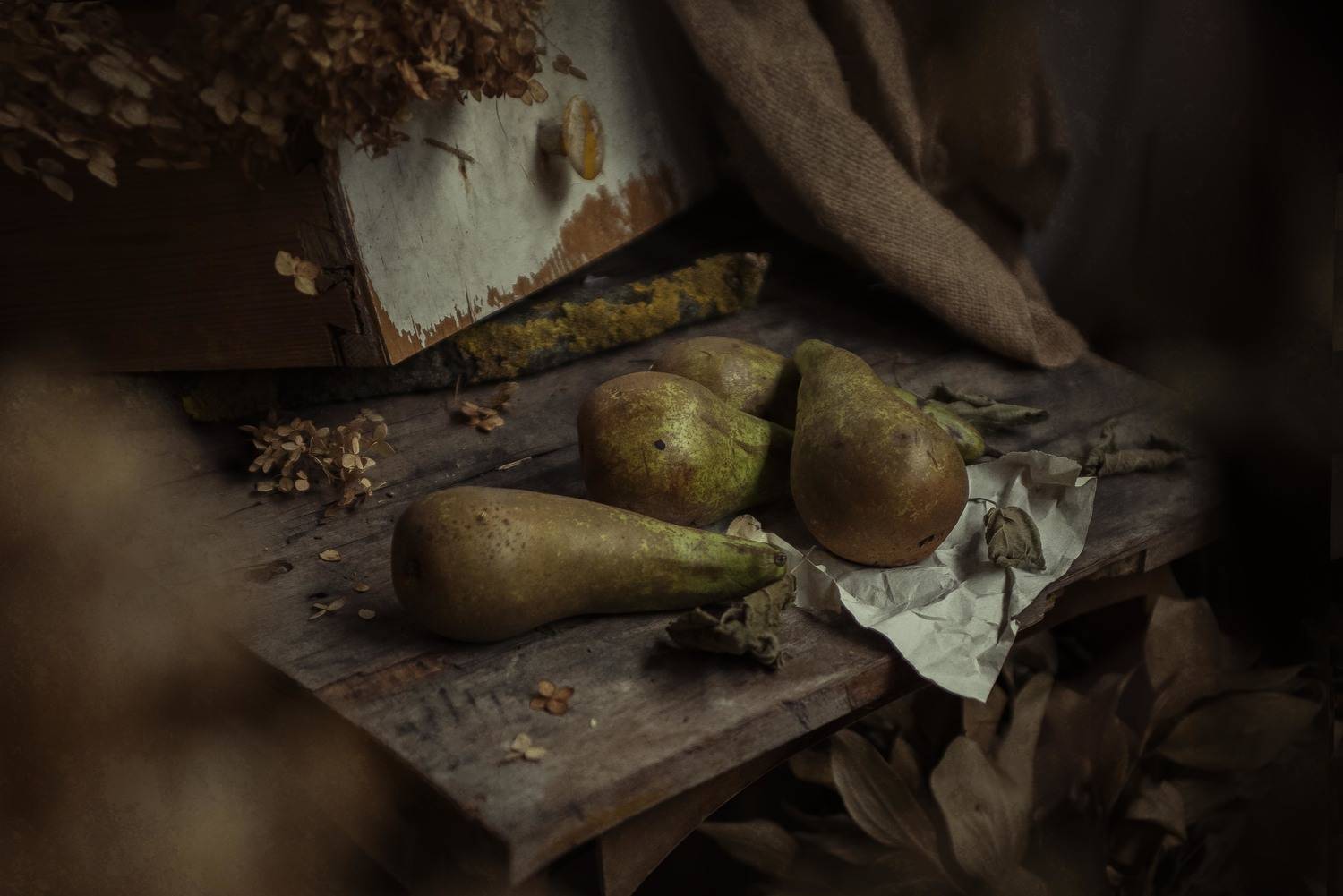 натюрморт, груши,  жухлый,  осень, листья, увядание,  коричневый, фрукты, Ольга Лобачёва