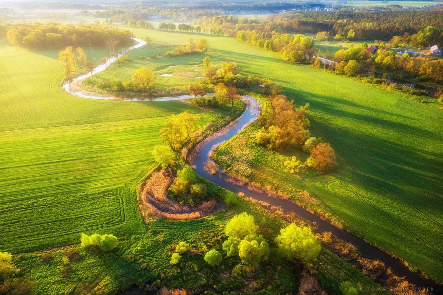 landscape, poland, light, spring, awesome, amazing, sunrise, sunset, lovely, nature, travel, dji, mavic, green, river, village, Tomasz Wieczorek