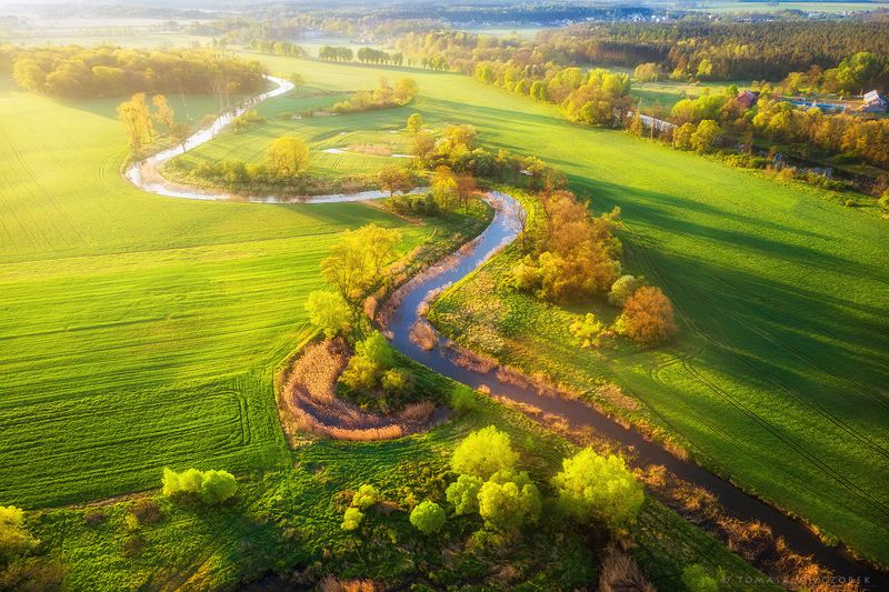 landscape, poland, light, spring, awesome, amazing, sunrise, sunset, lovely, nature, travel, dji, mavic, green, river, village Green World фото превью