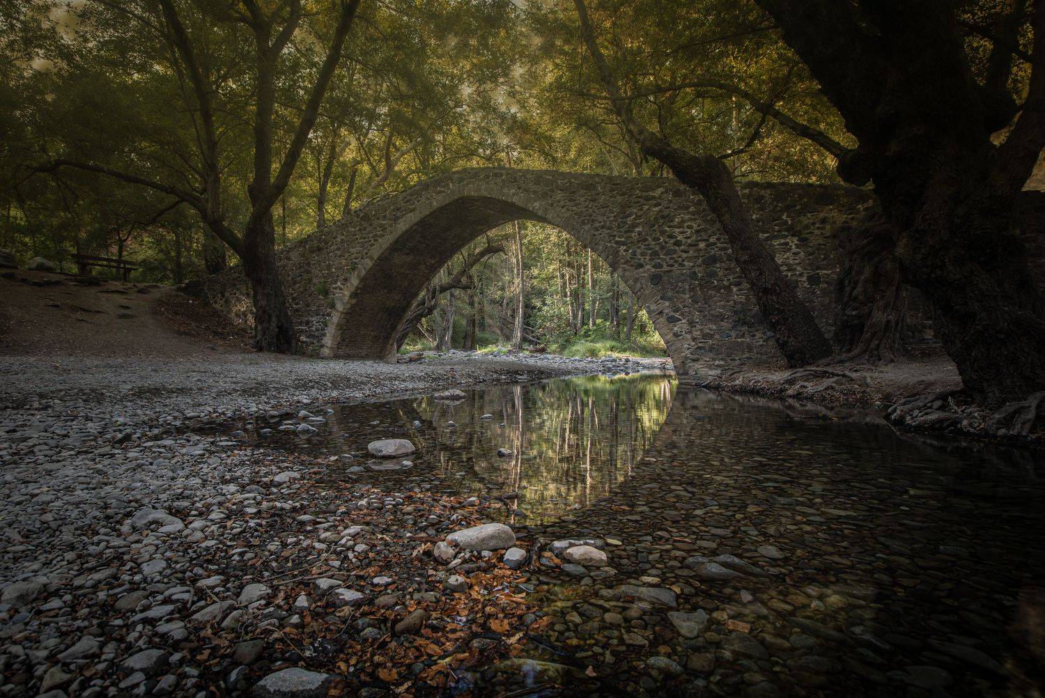 cyprus, bridge, river, forest, arch bridge, calm, landscape, Roman Bevzenko