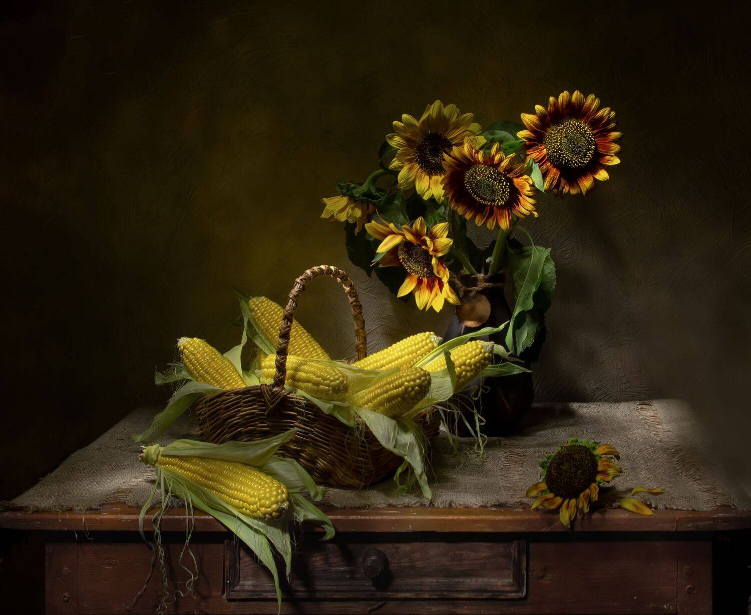натюрморт, кукуруза, подсолнухи, Татьяна Феденкова