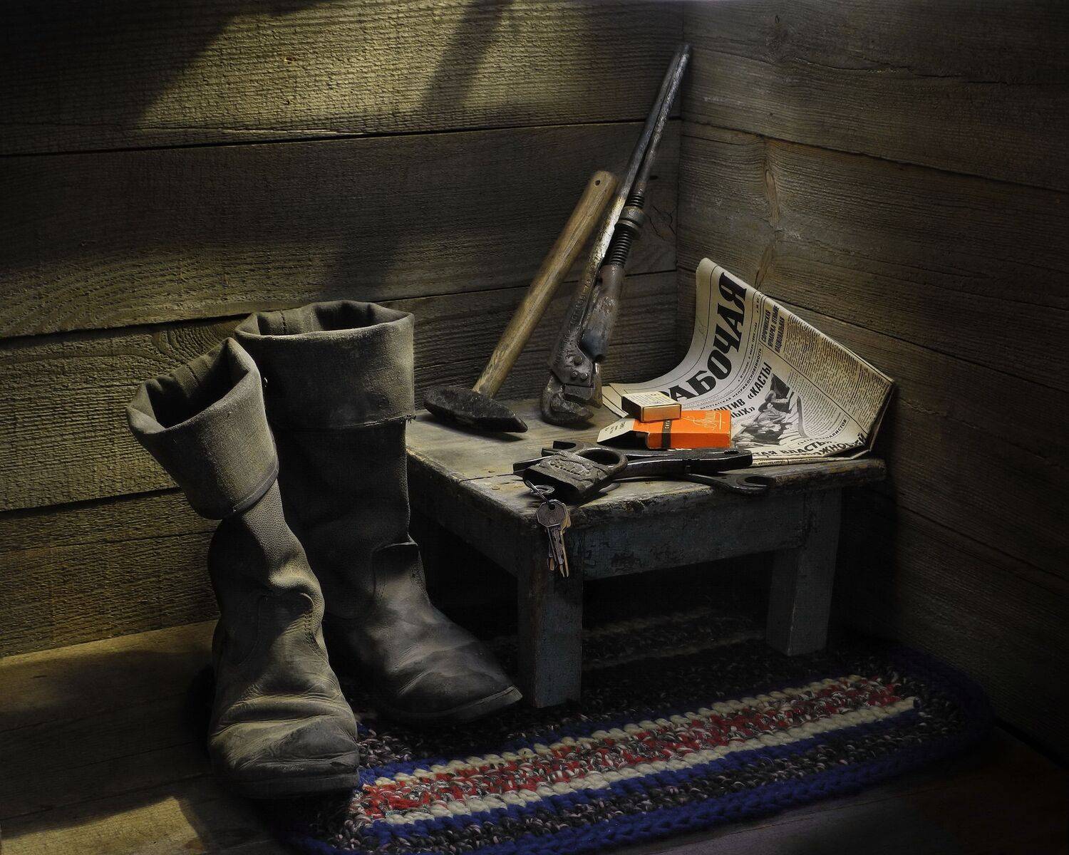 натюрморт сапоги газета инструмент табуретка, Сергей Фунтовой