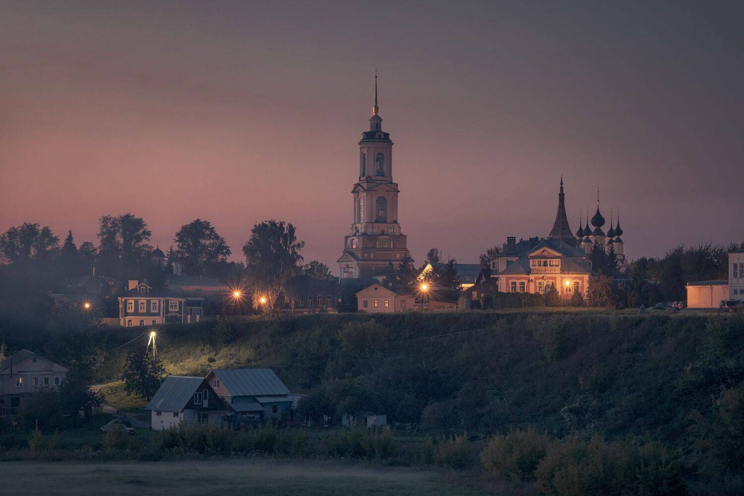 ночь, закат, полумрак, суздаль, город, церковь, монастырь, деревья, небо, пейзаж, Андрей Чиж