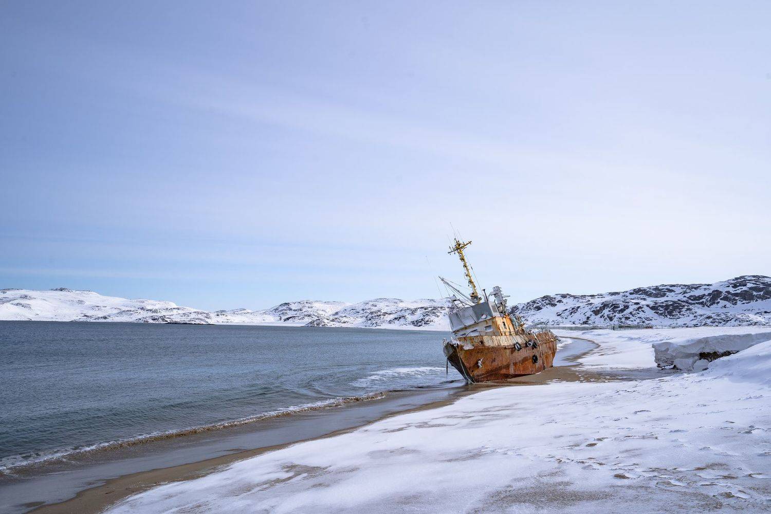 tundra; transportation; graveyard of ships; cloudy sky; tourism; beautiful; russian; outdoor; scenery; peninsula; barents; ocean; background; arctic circle; arctic ocean; bay; kola; northern; fishing boat; aurora; russia; ship; landscape; kola peninsula; , Dmitry Leonov