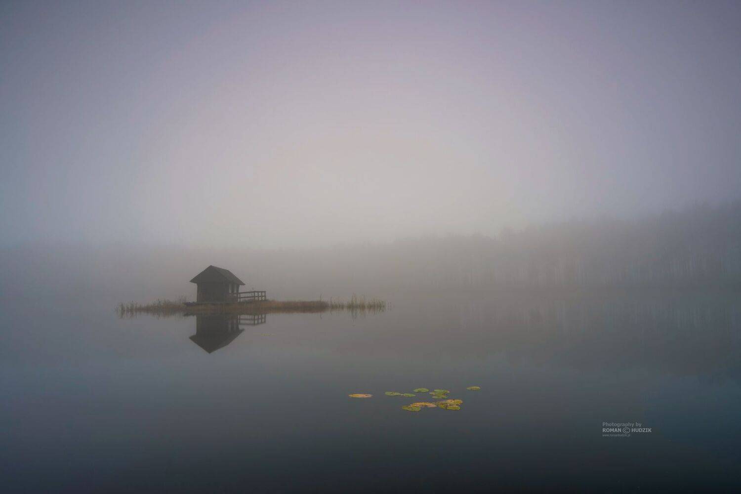 house, fog, landscape, sunrise, lake, water,, Roman Hudzik
