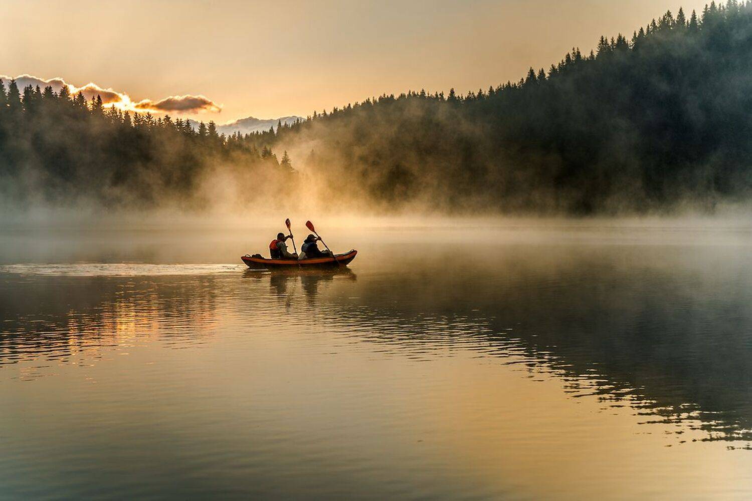 landscape nature scenery summer sunrise morning dawn lake b&w reflection fog foggy mist misty boat sun clouds mountain trees пейзаж рассвет горы озеро, Александър Александров