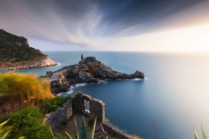 italy, liguria, portovenere, gulf of poets, la spezia, mediterranean, long exposure, blue, sea, rock, sky, cloud, light, coast, landscape, amazing, scenic, travel, destination, coastline, natural, outdoor, sunset, church, unesco Epic Sunset in Portovenere фото превью