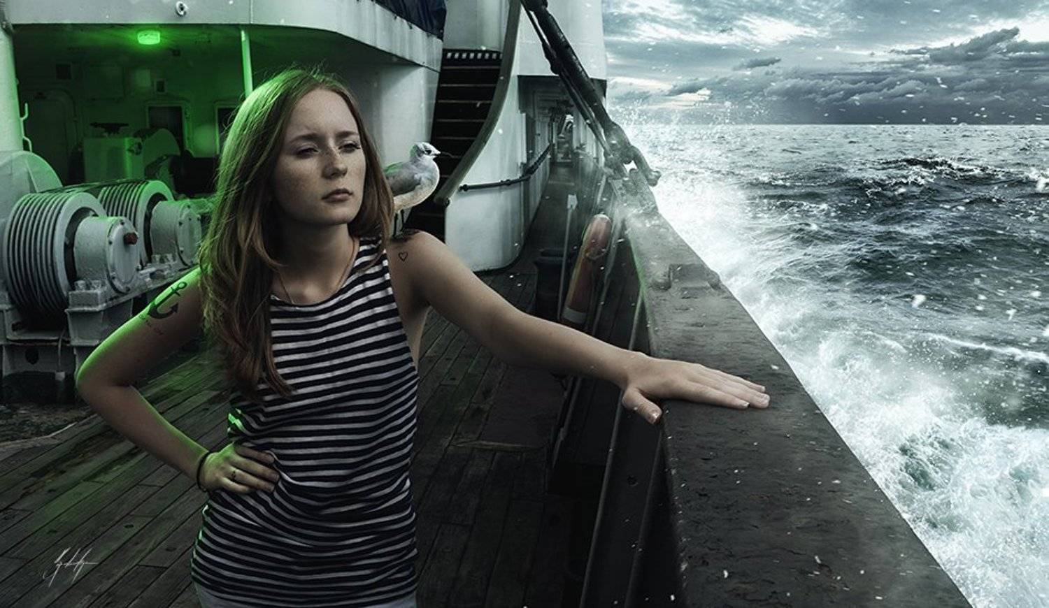 Clouds, Fog, Girl, Ocean, Sailor, Sea, Tattoo, Waves, Ilya Sigachev