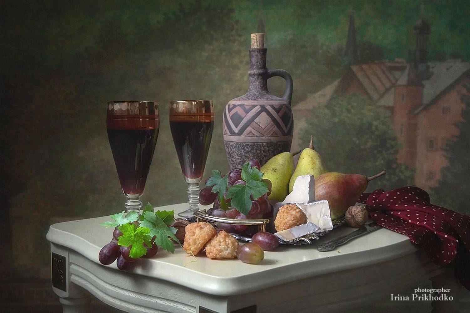 натюрморт, еда, вино, фрукты, винтажный, сыр бри, Ирина Приходько