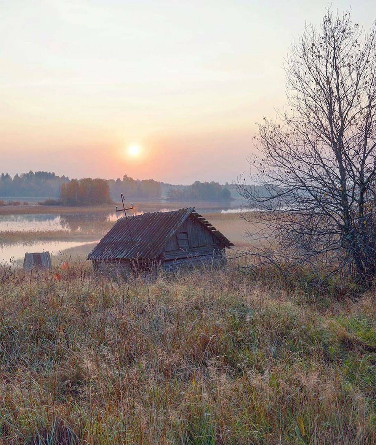 Деревня, рассвет, осень, река, карелия, Петр Косых