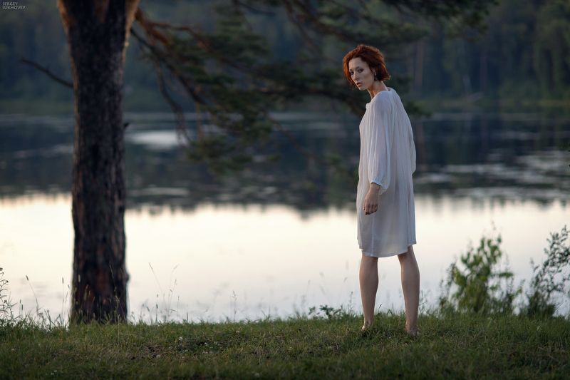 ведьма, русалка, иван купала, озеро, купальщица, рыжая, рыжая девушка, прозрачное платье, белая сорочка, природа, закат *** фото превью