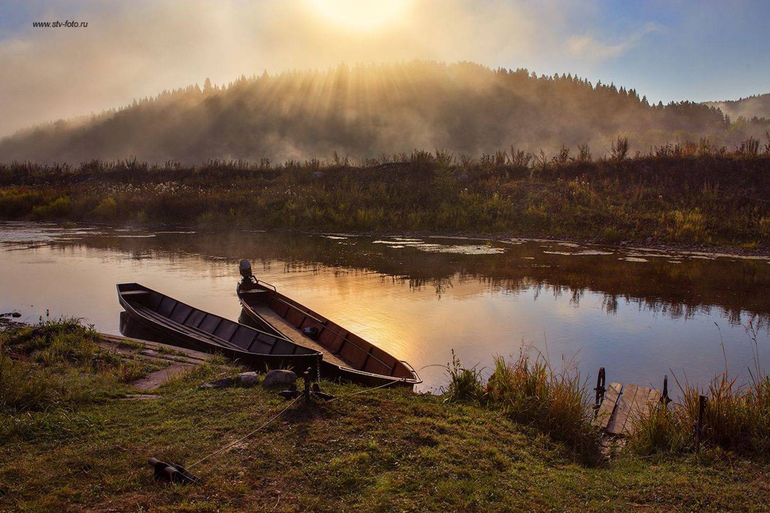 пейзаж, природа, утро, туман, рассвет, река, лодка, кын, Sokolova Tatiana