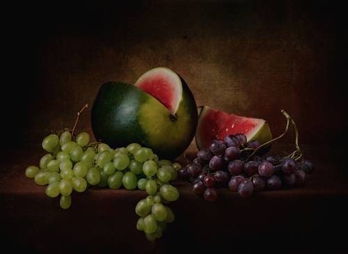 still life grapes and watermelon on the table