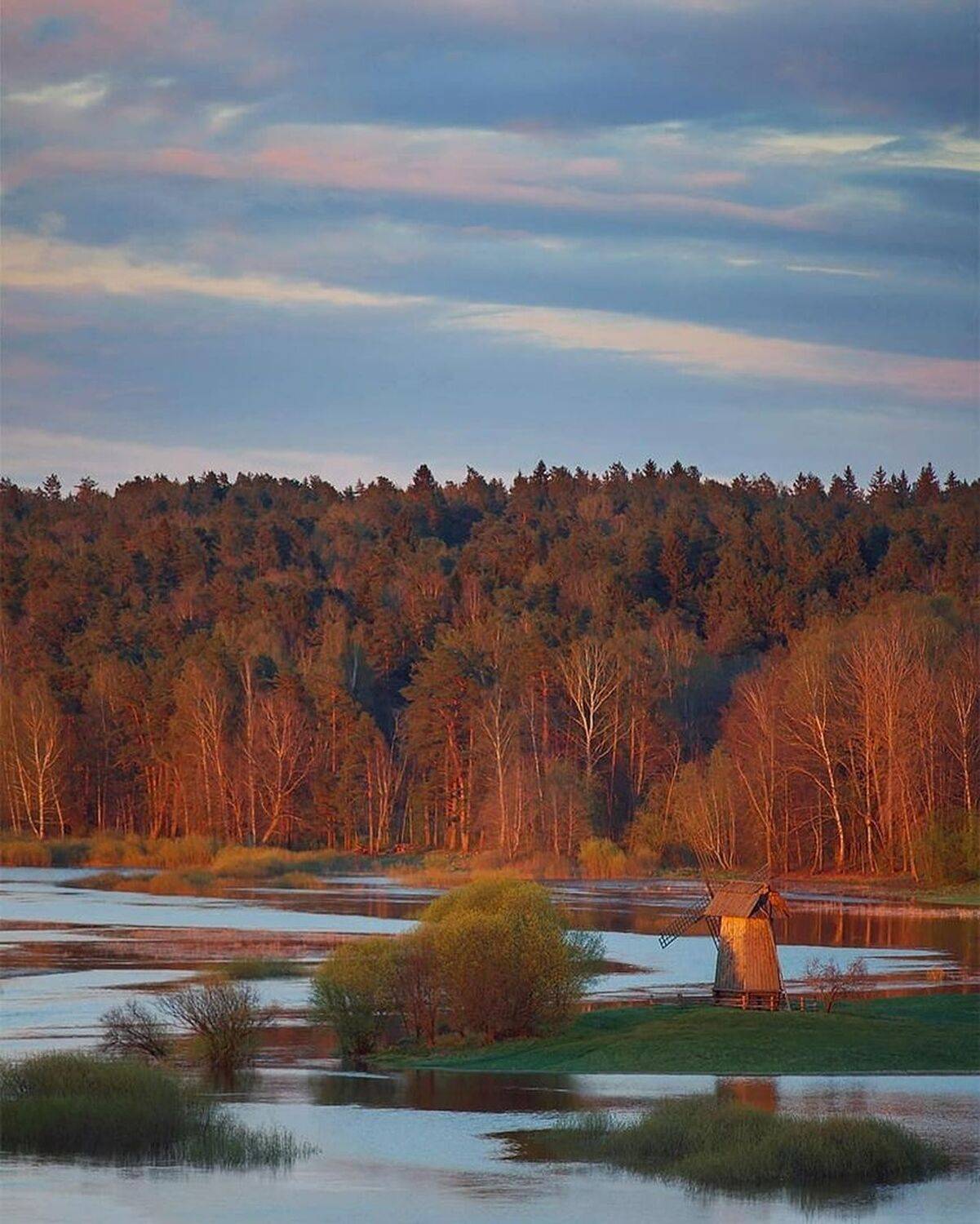 Деревня, закат, мельница, река, Петр Косых