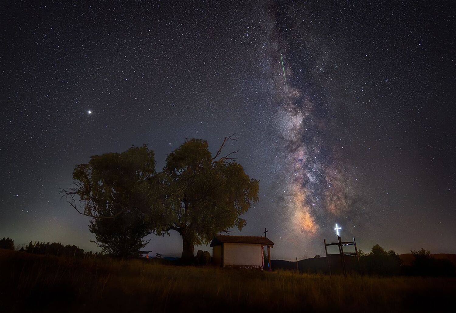 landscape, nature, scenery, night, stars, chapel, tree, cross, milkyway, longexposure, mountain, bulgaria, Александър Александров