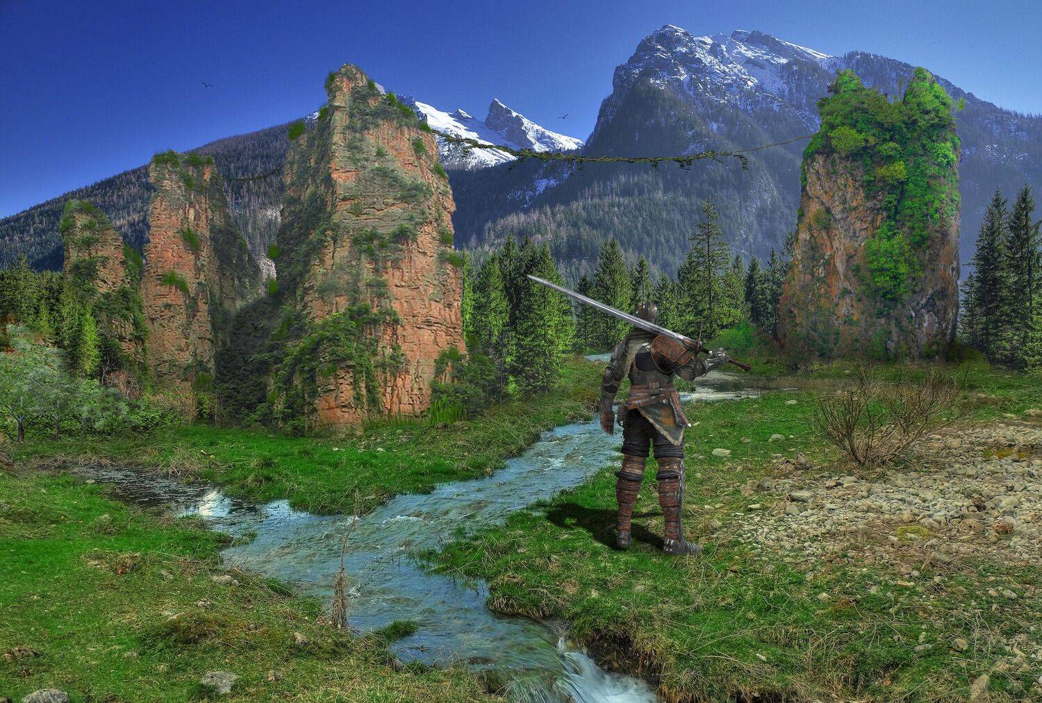 ручей, скалы, рыцарь, Sergii Vidov