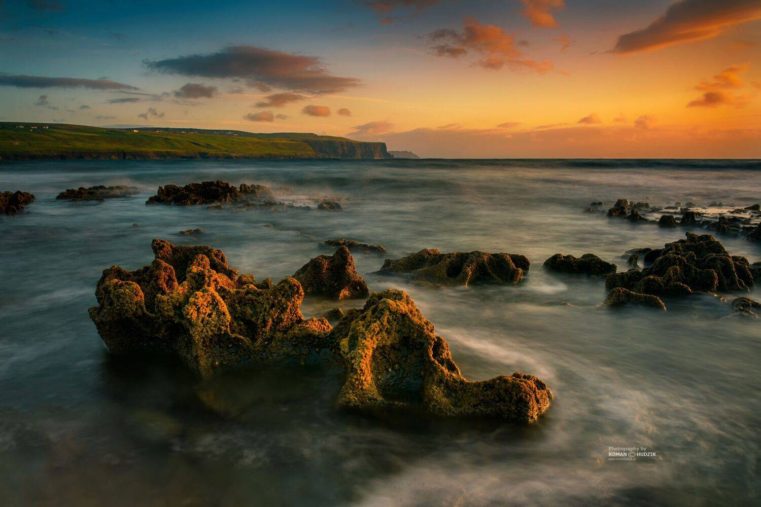 Ireland, rocks, landscape, sunset, sea, ocean, water, sky, long time., Roman Hudzik