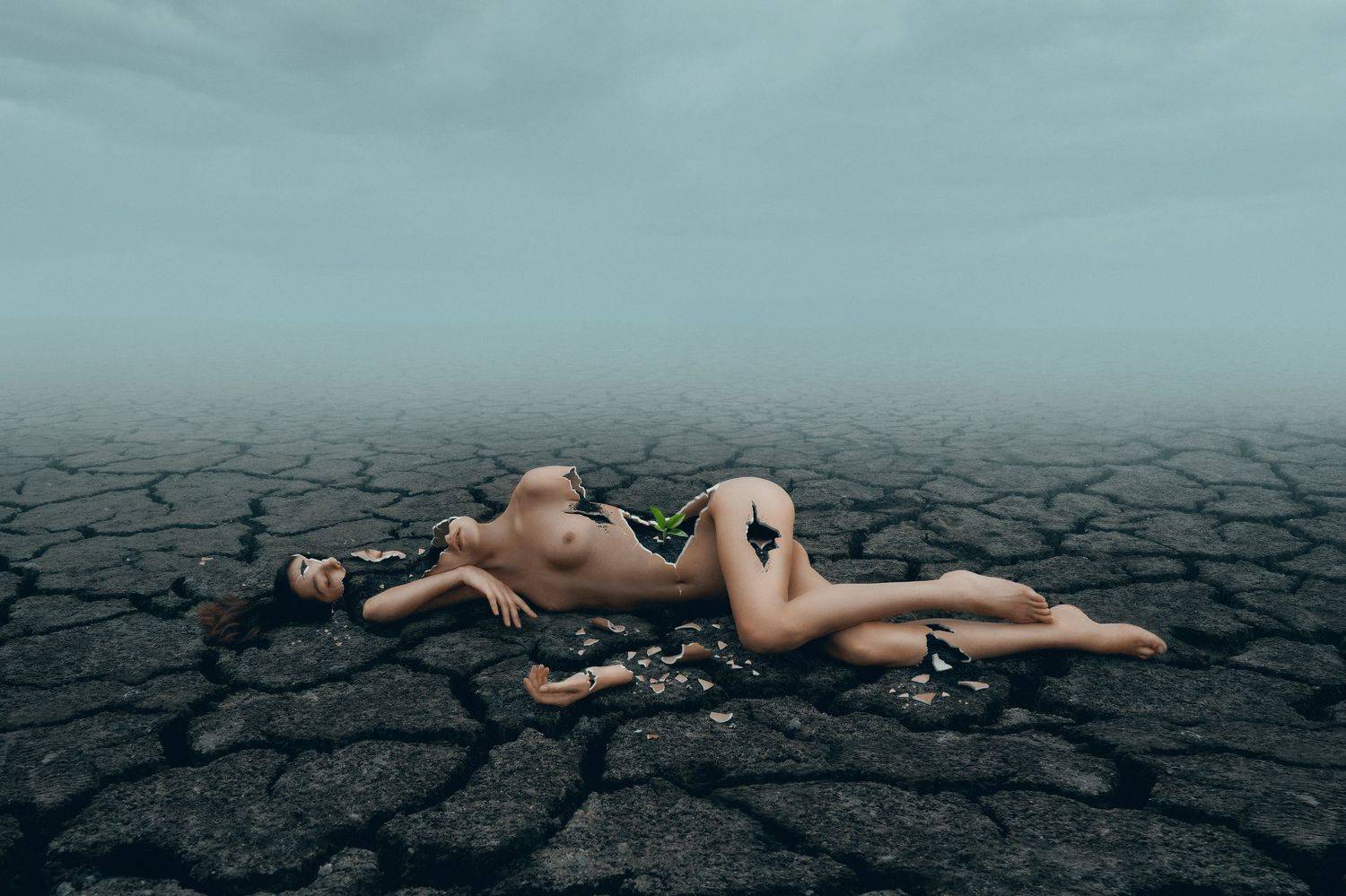 ню арт фотография пустыня росток фарфор разбитая коллаж, Хайруллин Ильдар